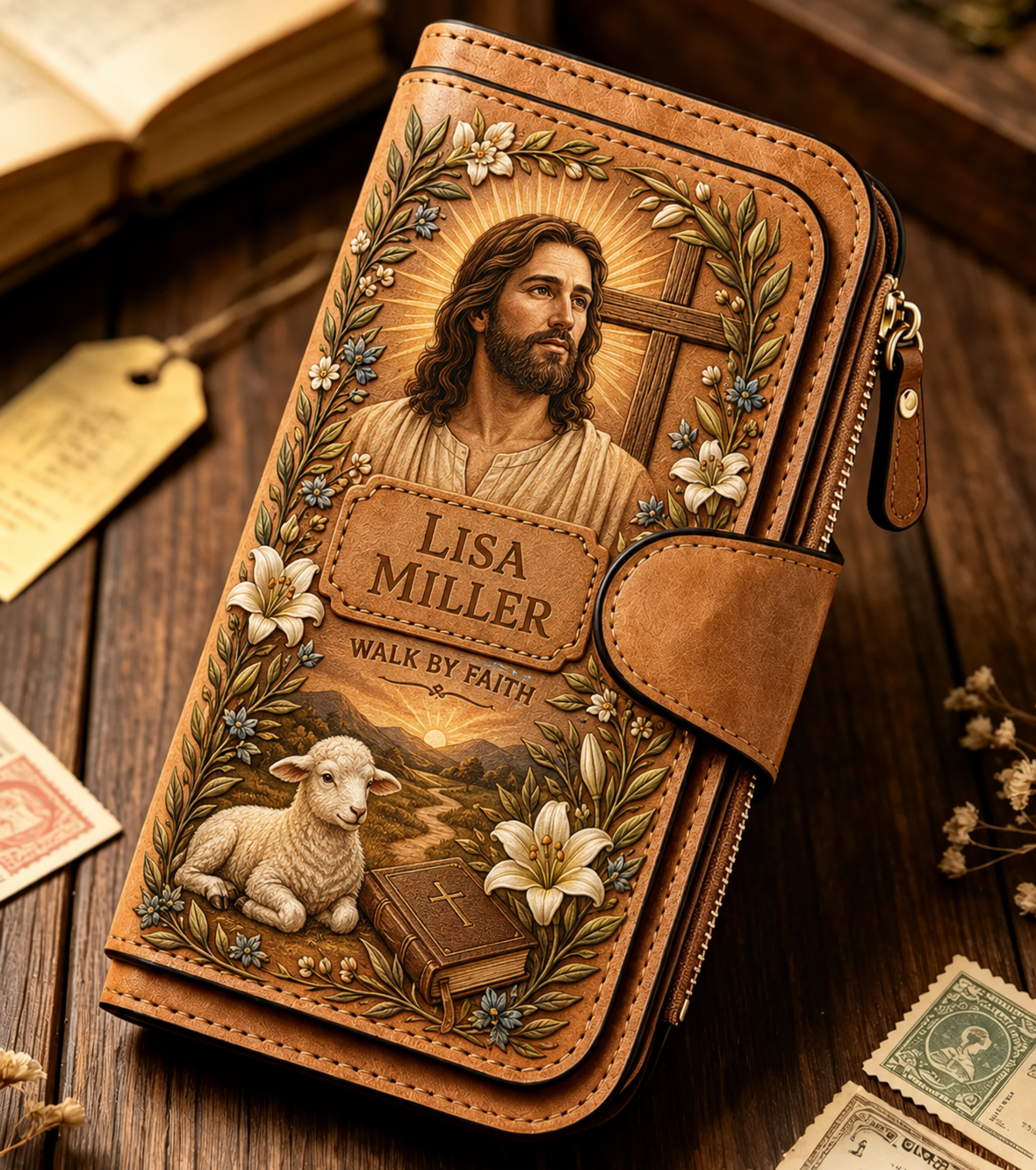 Personalized "Walk By Faith" Vintage Leather Clutch Wallet ποΈ | Jesus & Mary Editions