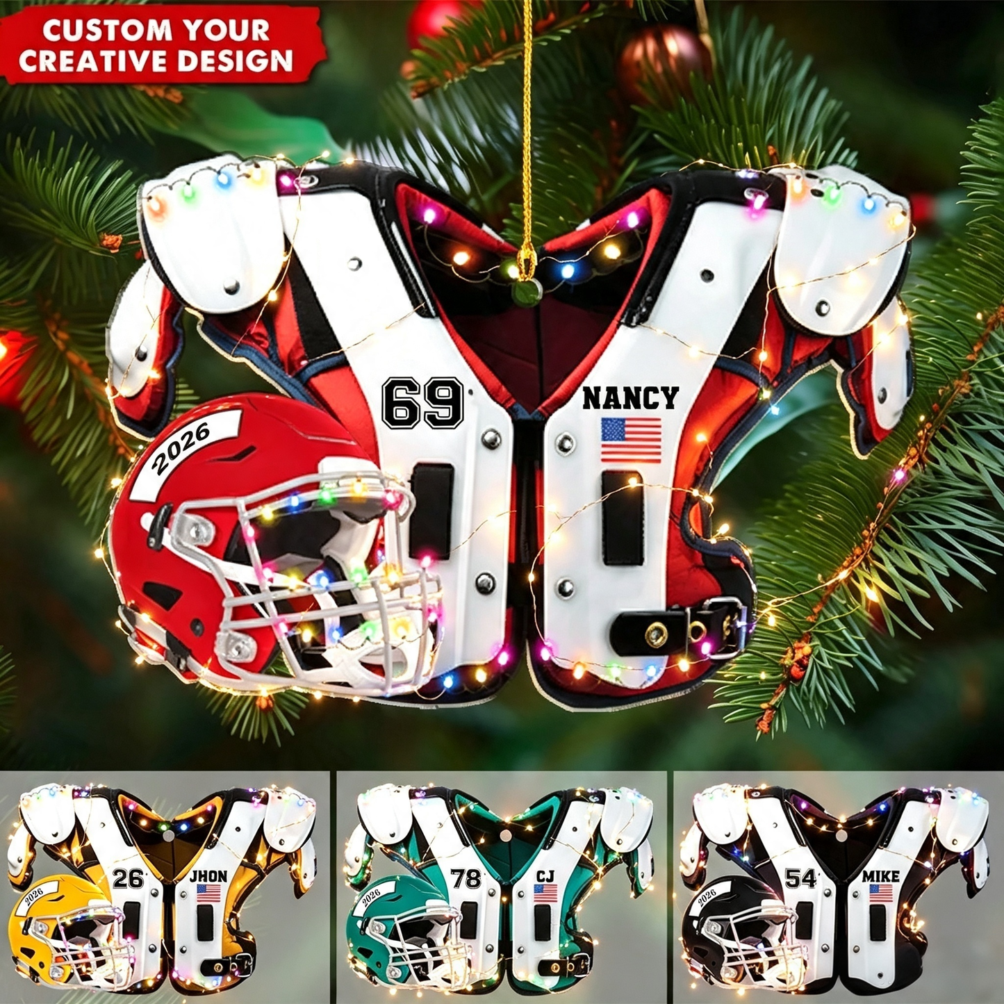 American Football Shoulder Pads and Helmet Personalized Ornament