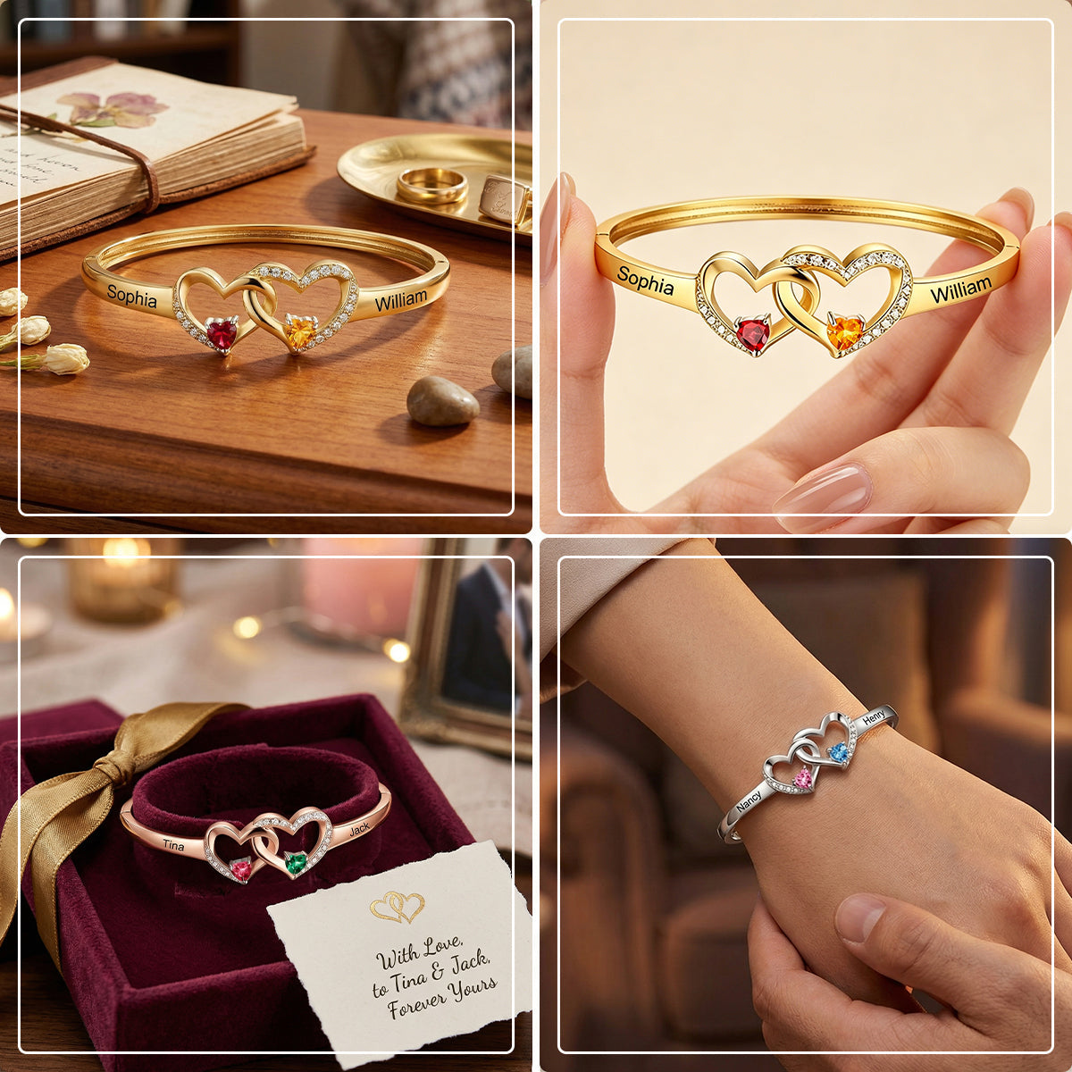 Personalized Double Heart Birthstone Bangle for Women, Custom Name Engraved