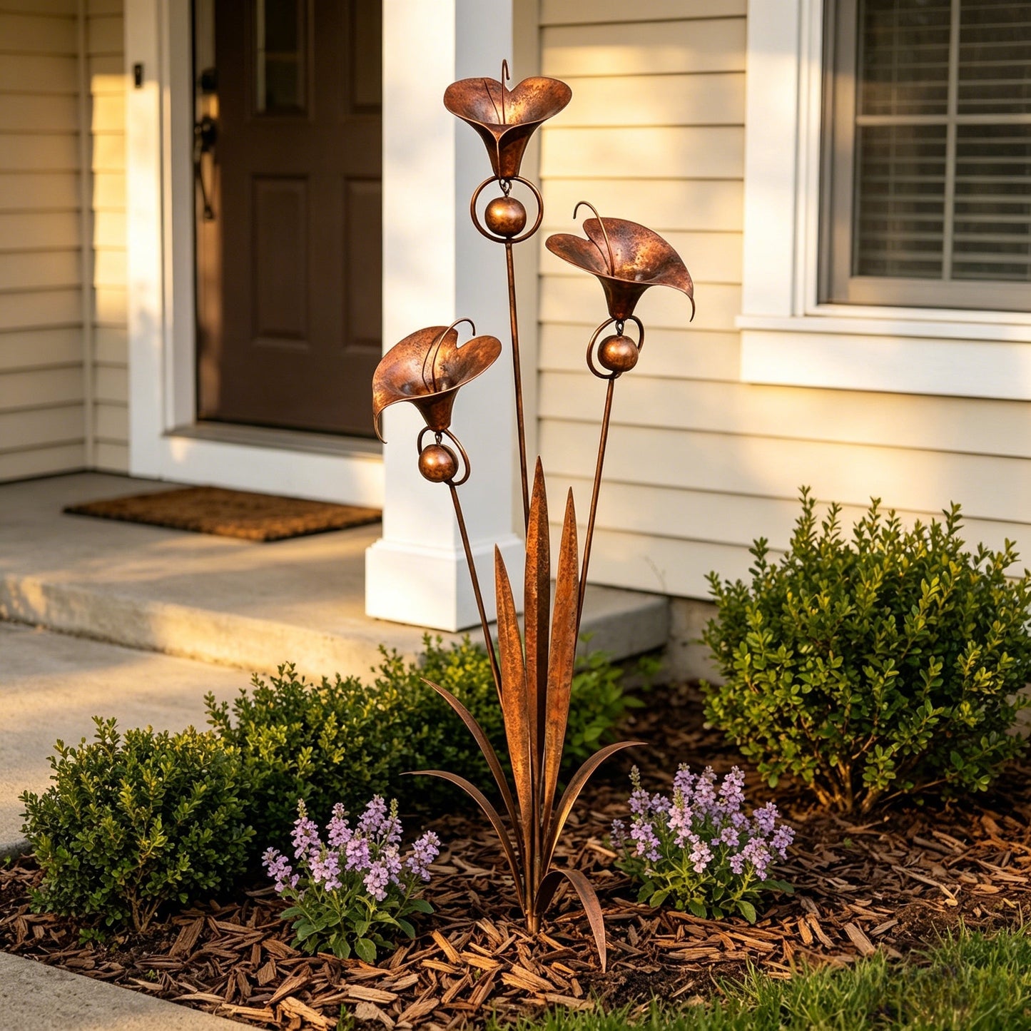 š”Flamed Copper Three Calla Lilies Garden Stake with Bells