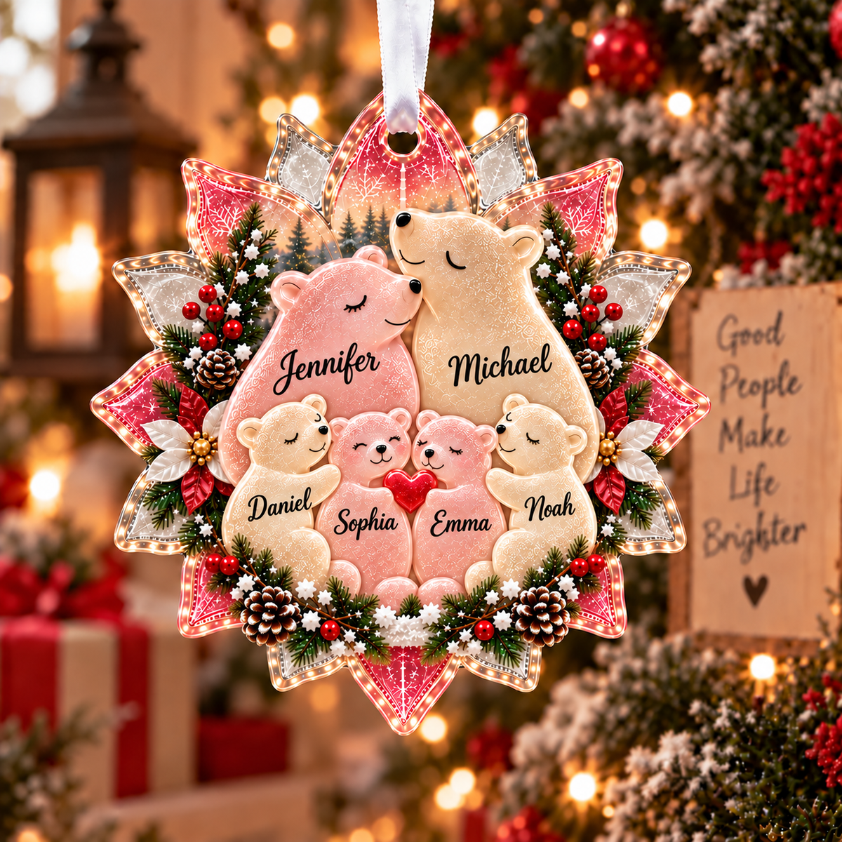 π Personalized Bear Family Sea Glass Christmas Ornament