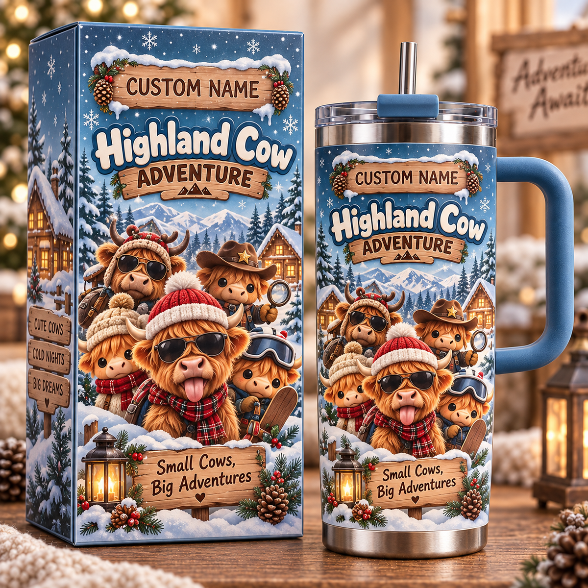 ๐ฎ Personalized Highland Cow Adventure Tumbler โ Custom Name Winter Travel Mug Gift Set