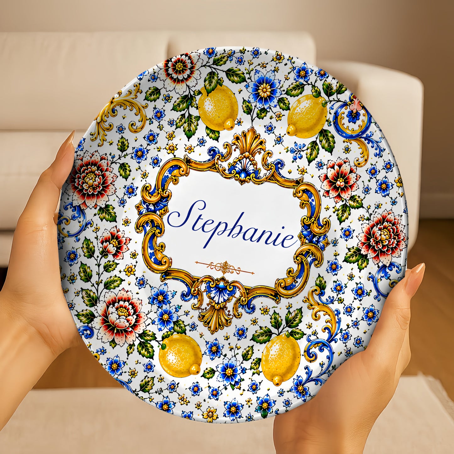 Mediterranean Style & Majolica Print Blue Lemon - Personalized Ceramic Plate - Plates For Decoration