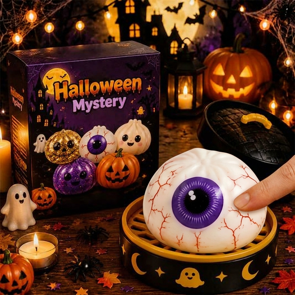 Halloween Glitter Spooky Dumpling Squishy Stress Ball with Steamer Base | Cute Sensory Fidget Toy & Fall Desk Decor Gift