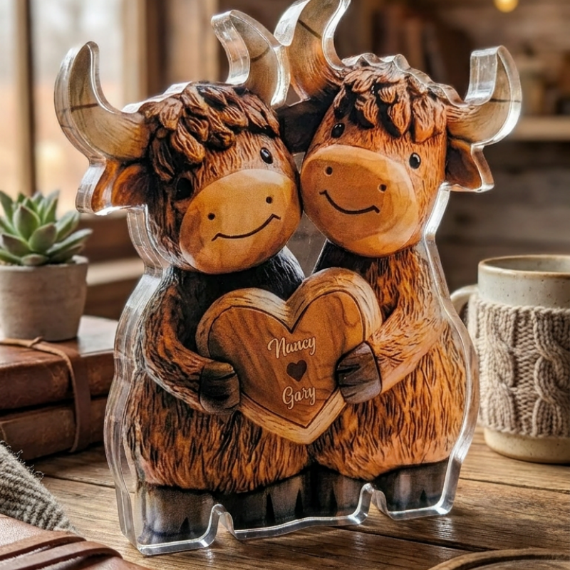 Cute Highland Cow Couple - Personalized Highland Cow Custom Shaped Acrylic Plaque