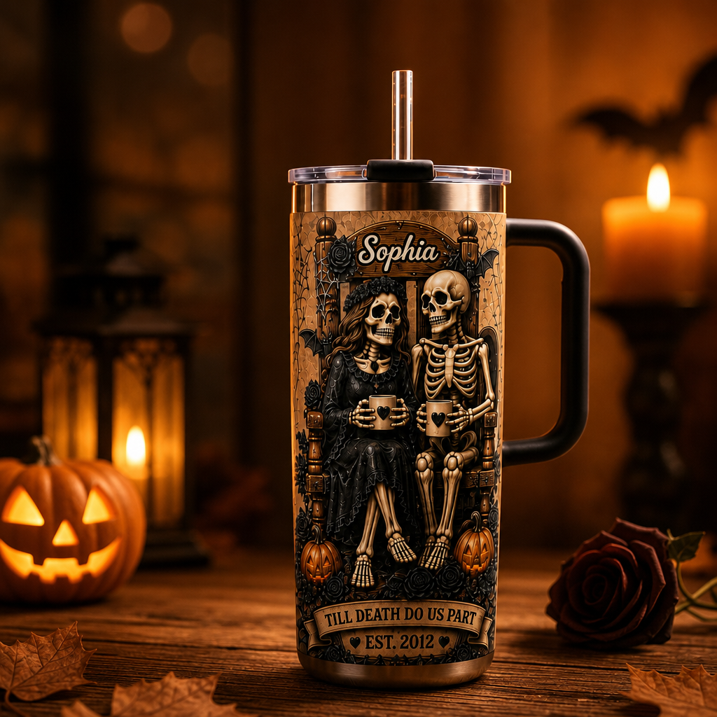 💀🦇Till Death Do Us Part Skeleton Couple 40oz Handle Tumbler | Personalized Halloween Tumbler For Couple🎃