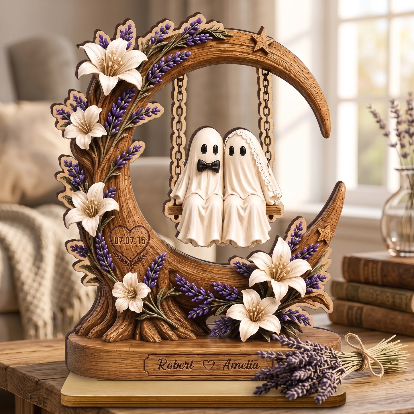 Personalized Ghost Couple Moon Swing Wooden Plaque, Custom Name Anniversary Wedding Decor
