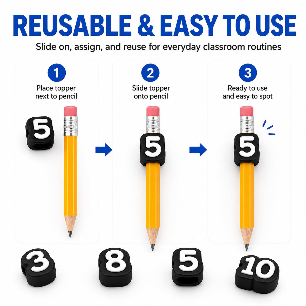 20 Pcs Number Pencil Toppers 1-20, Reusable Classroom Pencil Labels for Teachers, Pencil Tracking Markers for Student Number System, School Supply Station and Classroom Organization
