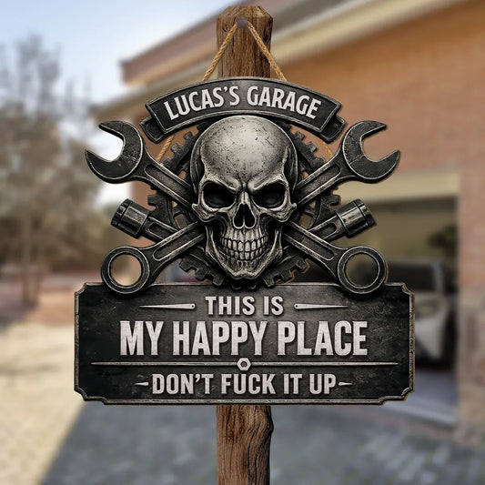 This Is My Happy Place Skull Garage Wood Sign - Personalized Gifts for Him