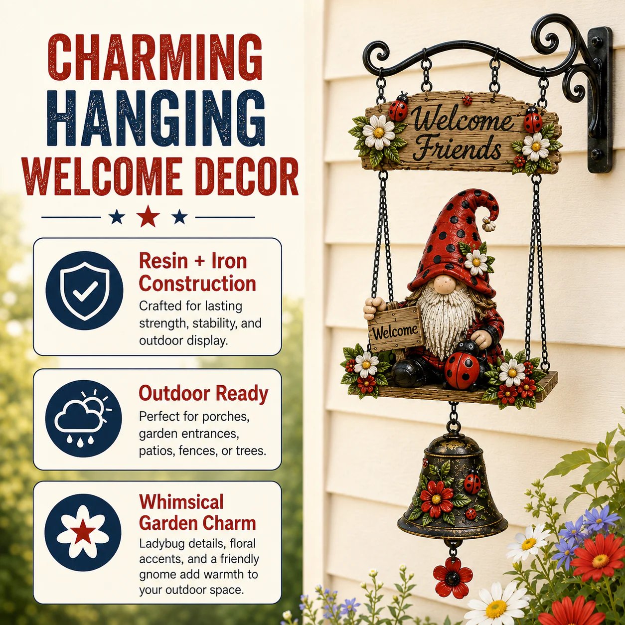 🔥50% OFF TODAY ONLY – Rustic Garden Gnome Bell Outdoor Decor 🐞🌼