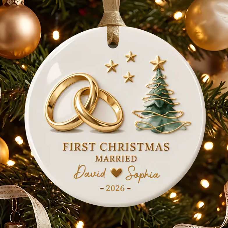 Personalized First Christmas Married Ceramic Ornament - Custom Couple Names & Year Christmas Tree Keepsake Gift