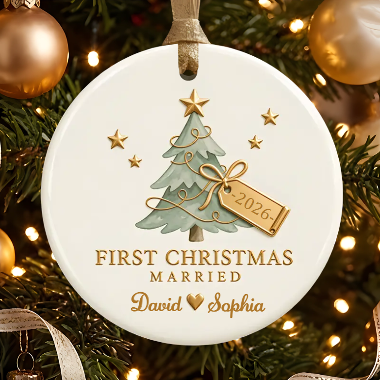 Personalized First Christmas Married Ceramic Ornament - Custom Couple Names & Year Christmas Tree Keepsake Gift