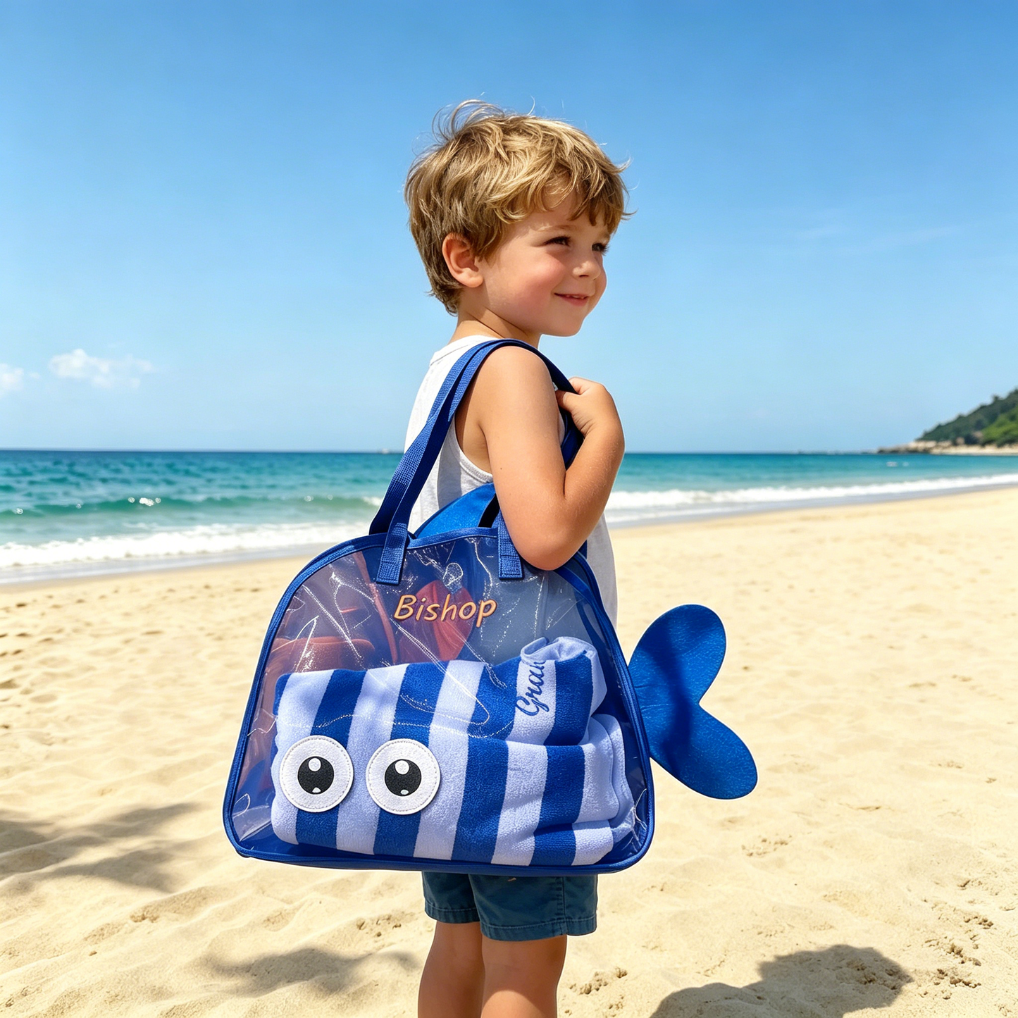Personalized Embroidered Kid Mesh Fish-Shaped Beach Bag