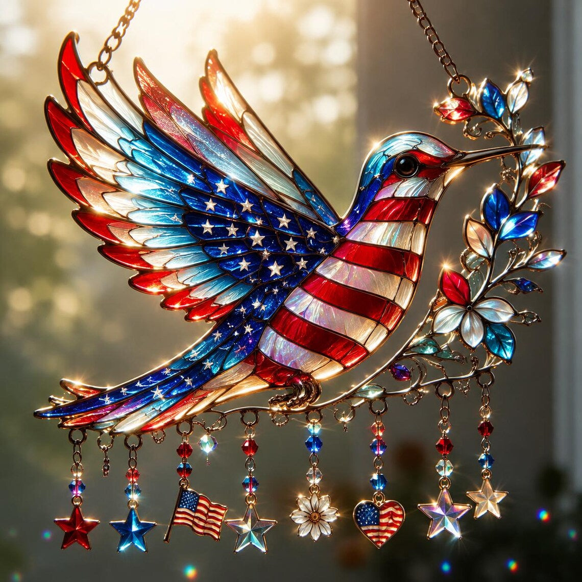 Charm Patriotic Hummingbird - Acrylic Window Hanging Suncatcher - 250th Anniversary Gift