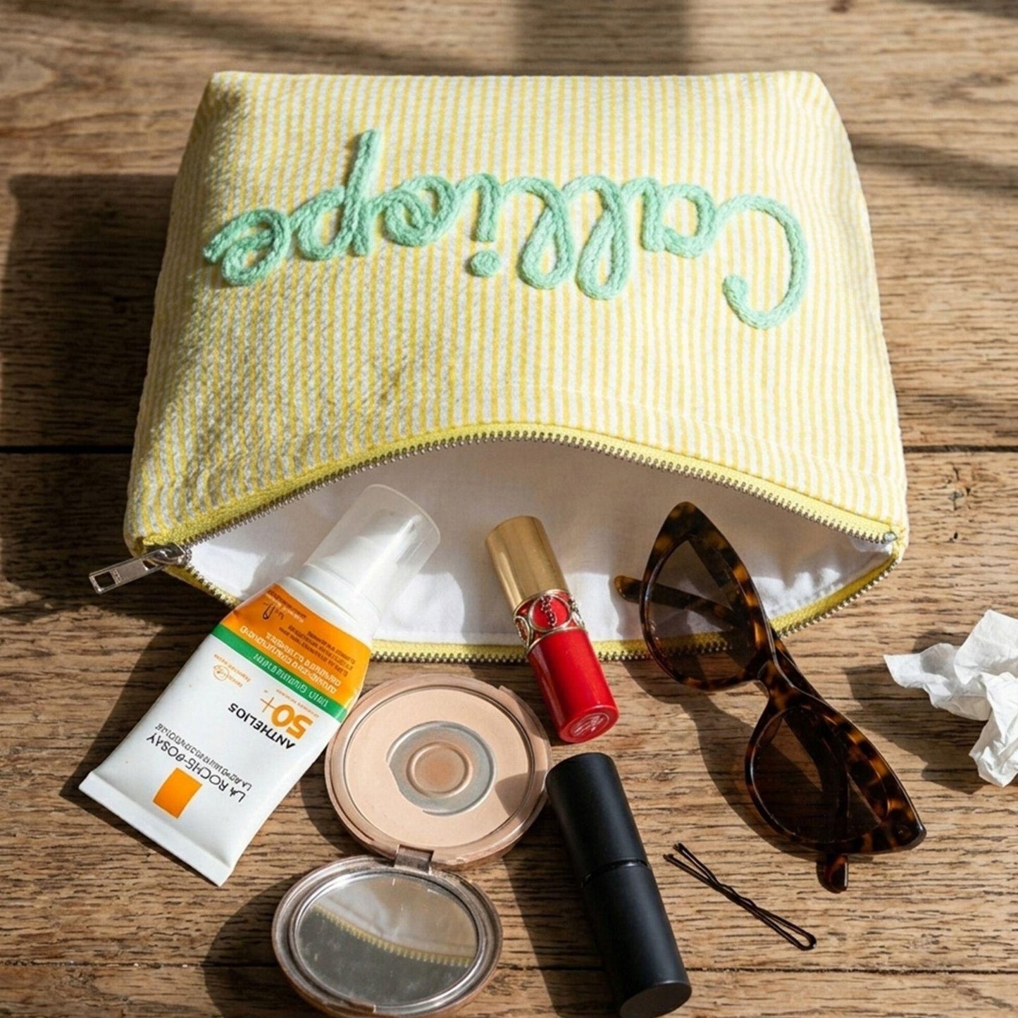 Personalized Name Seersucker Makeup Bag - Gift For Mom, Girlfriend, Women, Summer Gift