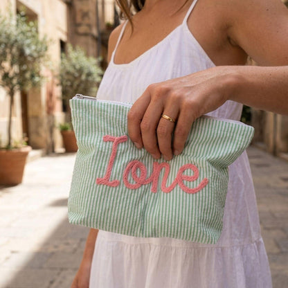 Personalized Name Seersucker Makeup Bag - Gift For Mom, Girlfriend, Women, Summer Gift