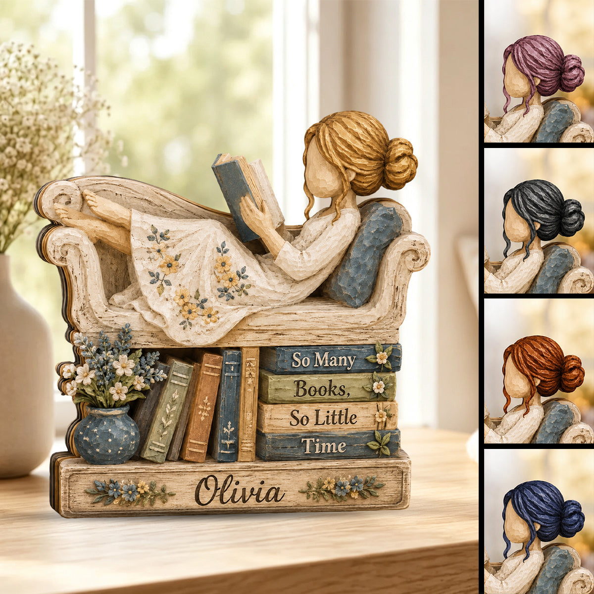 Personalized Reading Girl Wooden Plaque, Reading Girl Bookshelf Decor