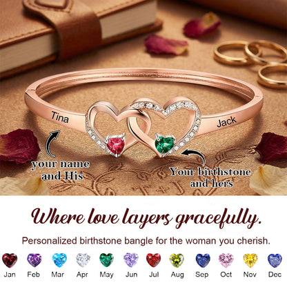 Personalized Double Heart Birthstone Bangle for Women, Custom Name Engraved