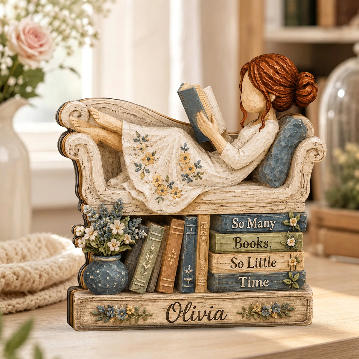 Personalized Reading Girl Wooden Plaque, Reading Girl Bookshelf Decor