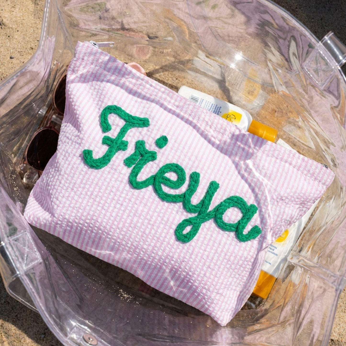 Personalized Name Seersucker Makeup Bag - Gift For Mom, Girlfriend, Women, Summer Gift