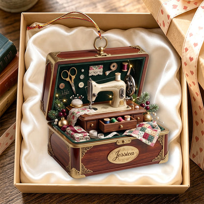 Personalized Jewelry Box Containing a Tiny Nostalgic Sewing Studio Ornament,Christmas Gift Ideas for Sewing Enthusiasts