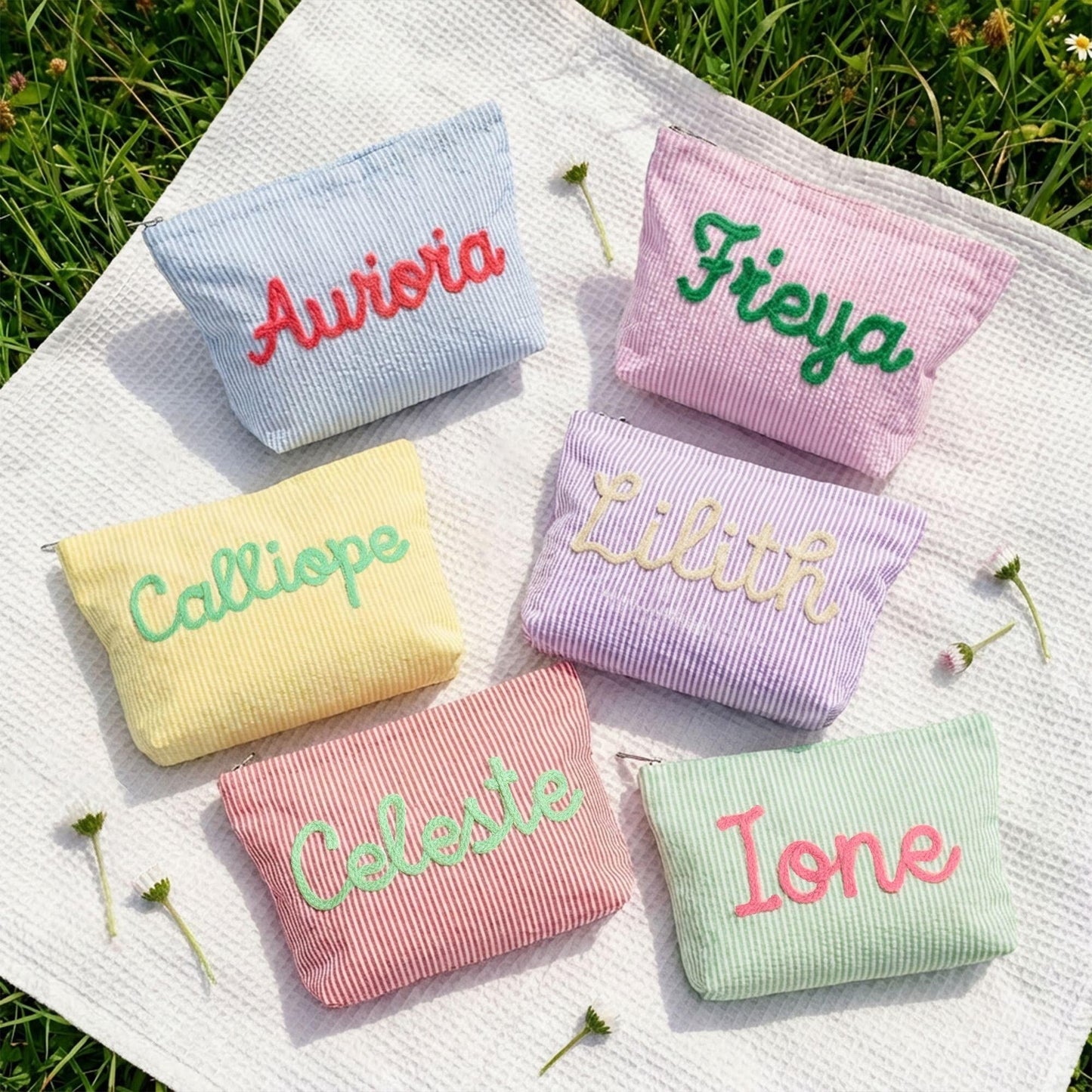 Personalized Name Seersucker Makeup Bag - Gift For Mom, Girlfriend, Women, Summer Gift