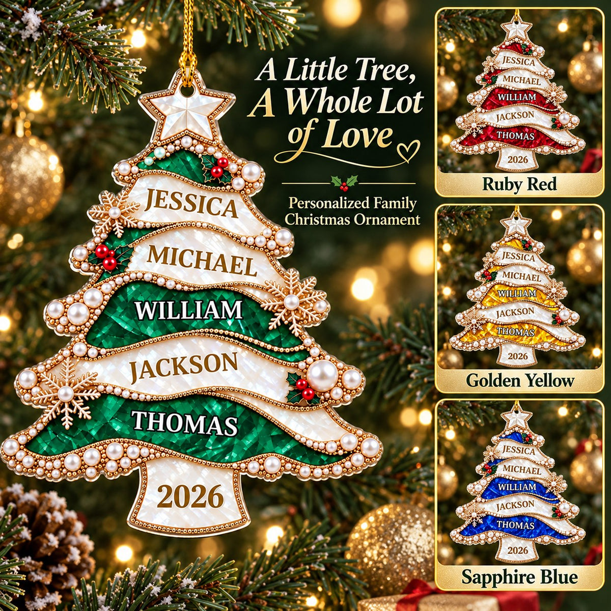 Personalized Golden Pearl Christmas Tree Acrylic Ornament – Custom Holiday Keepsake Gift