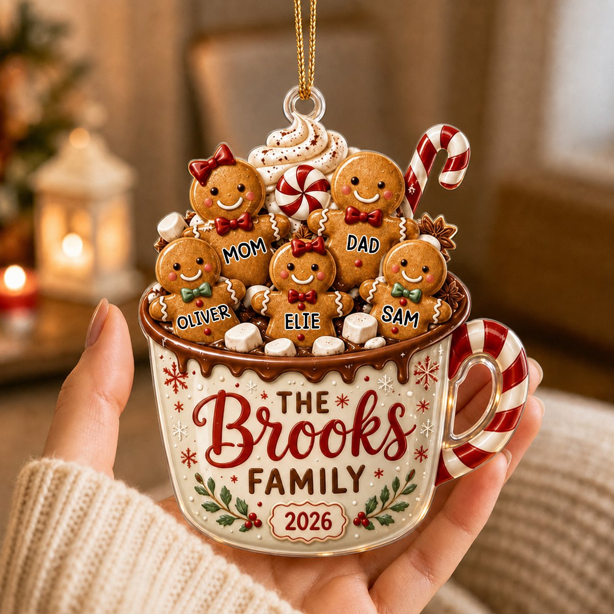 Personalized Gingerbread Family Acrylic Ornament With Custom Names, Christmas Gift