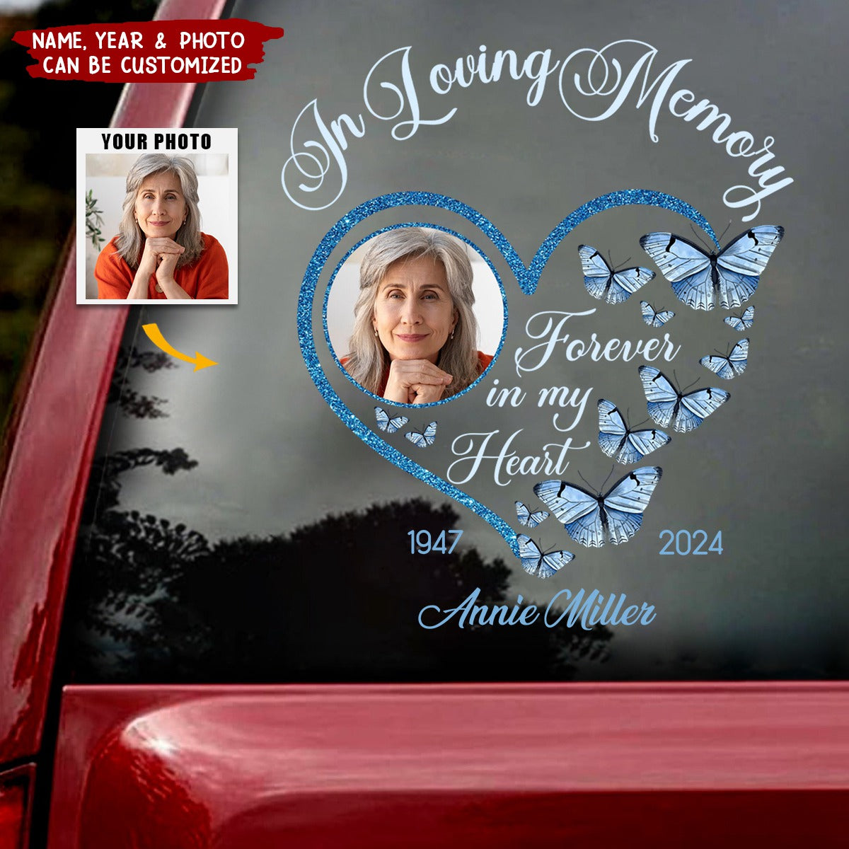 In Loving Memory Sparkling Heart Memorial Butterflies Personalized Decal