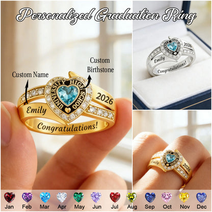 Personalized Engraved Heart Birthstone Graduation Ring Gift for Graduates