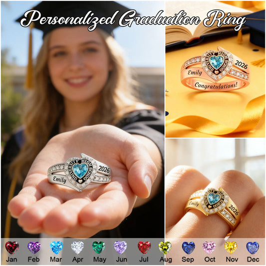 Personalized Engraved Heart Birthstone Graduation Ring Gift for Graduates