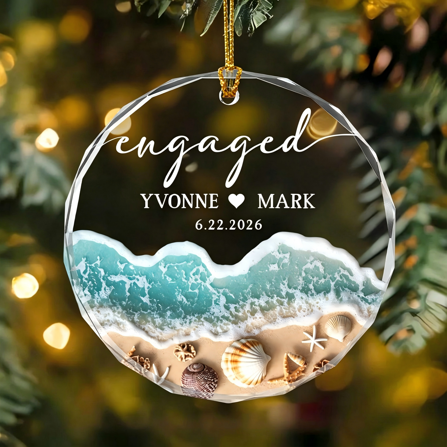 Personalized Beach Engaged Married Glass Ornament