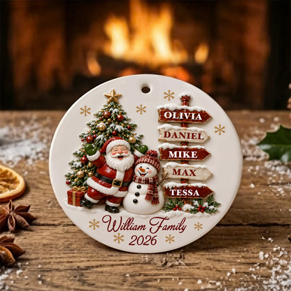 Santa Clause Snow Woman Family Round Ceramic Ornament