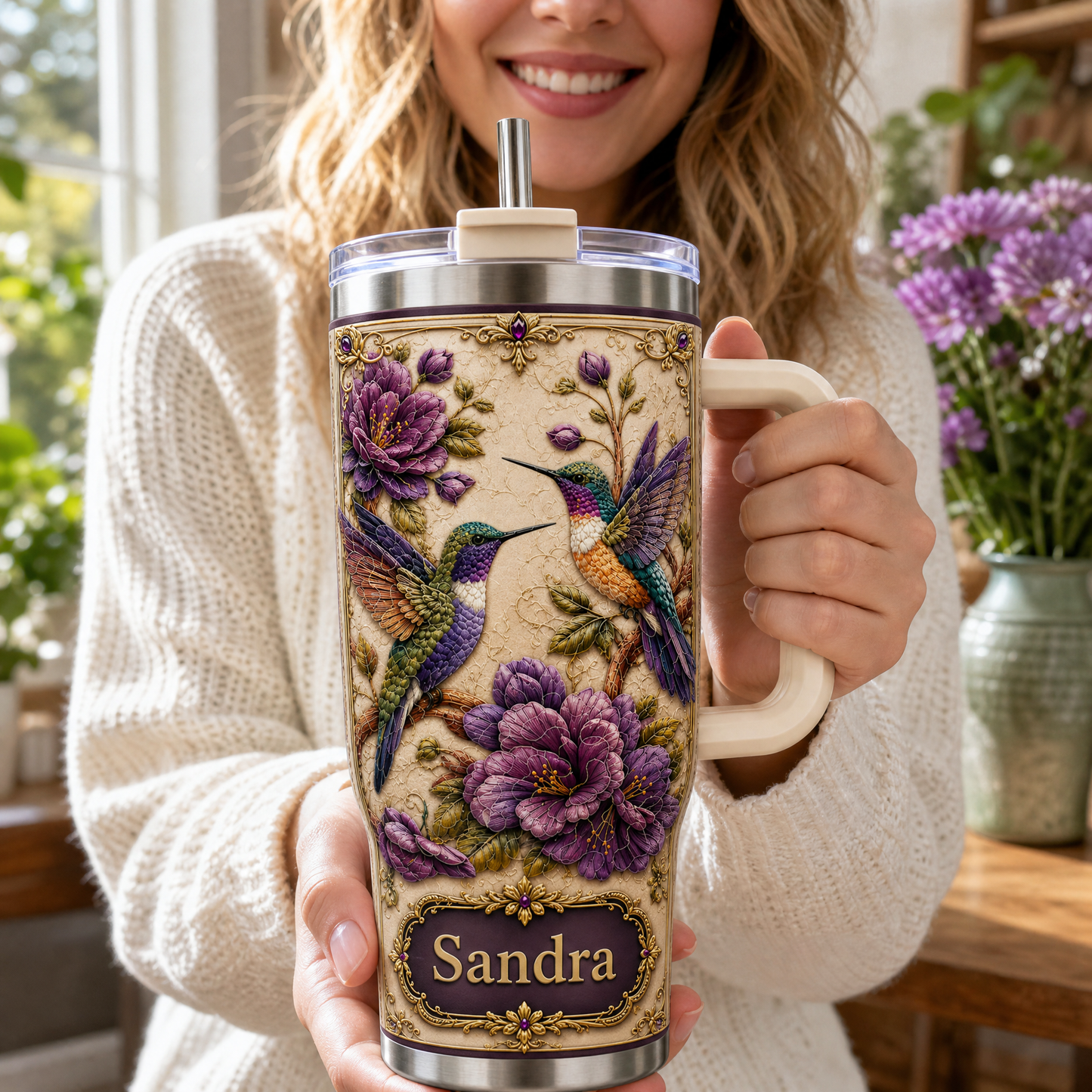 Personalized Hummingbird & Purple Flower Tumbler