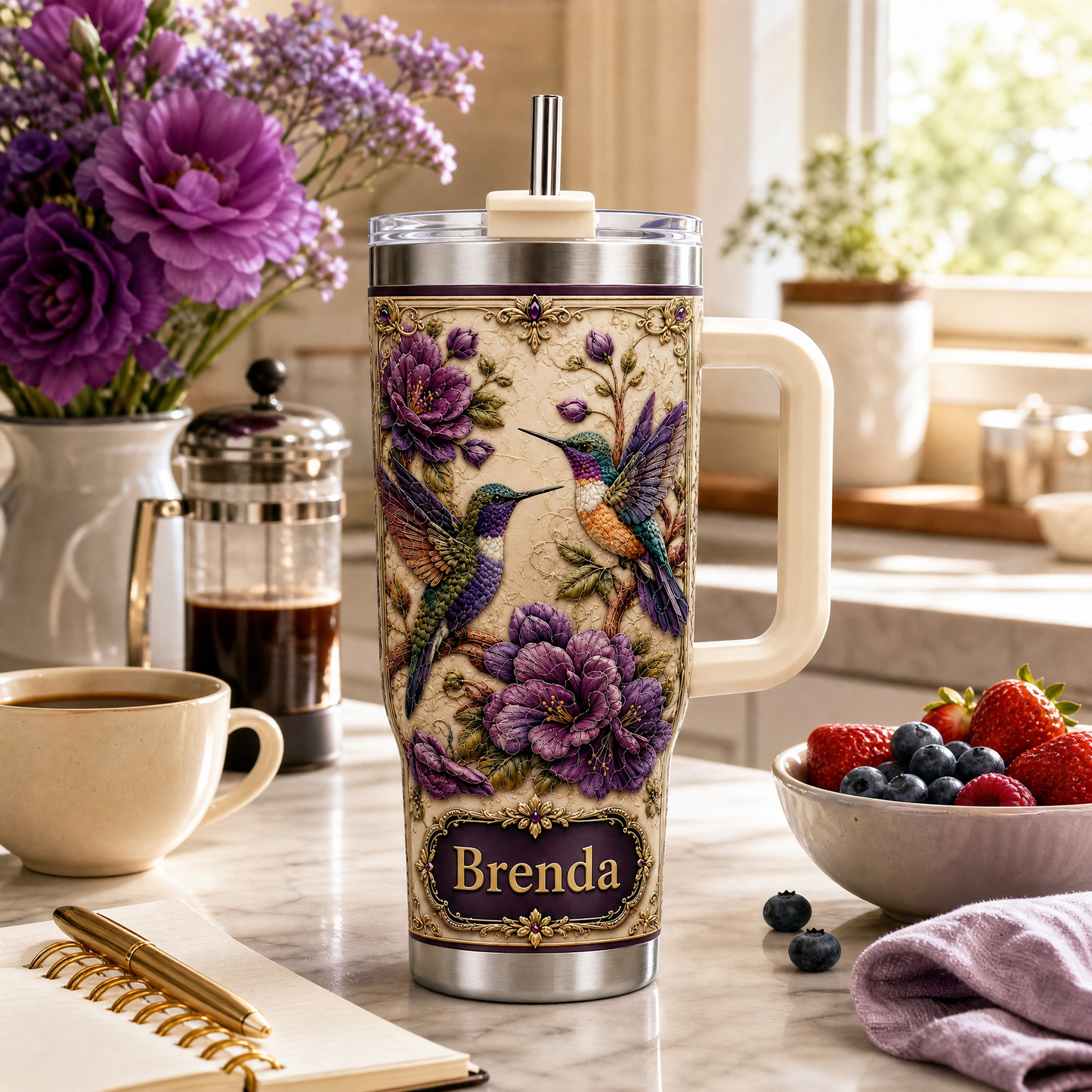 Personalized Hummingbird & Purple Flower Tumbler