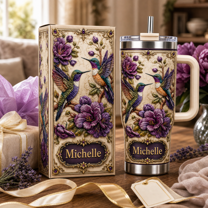 Personalized Hummingbird & Purple Flower Tumbler