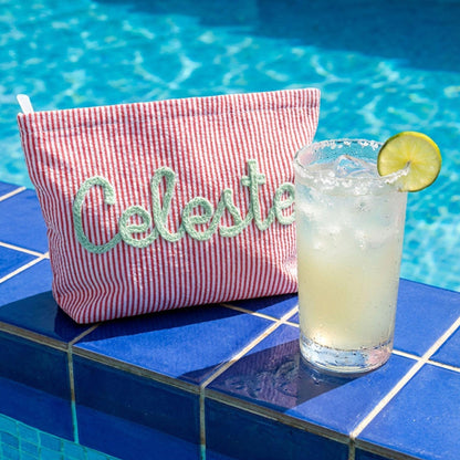 Personalized Name Seersucker Makeup Bag - Gift For Mom, Girlfriend, Women, Summer Gift