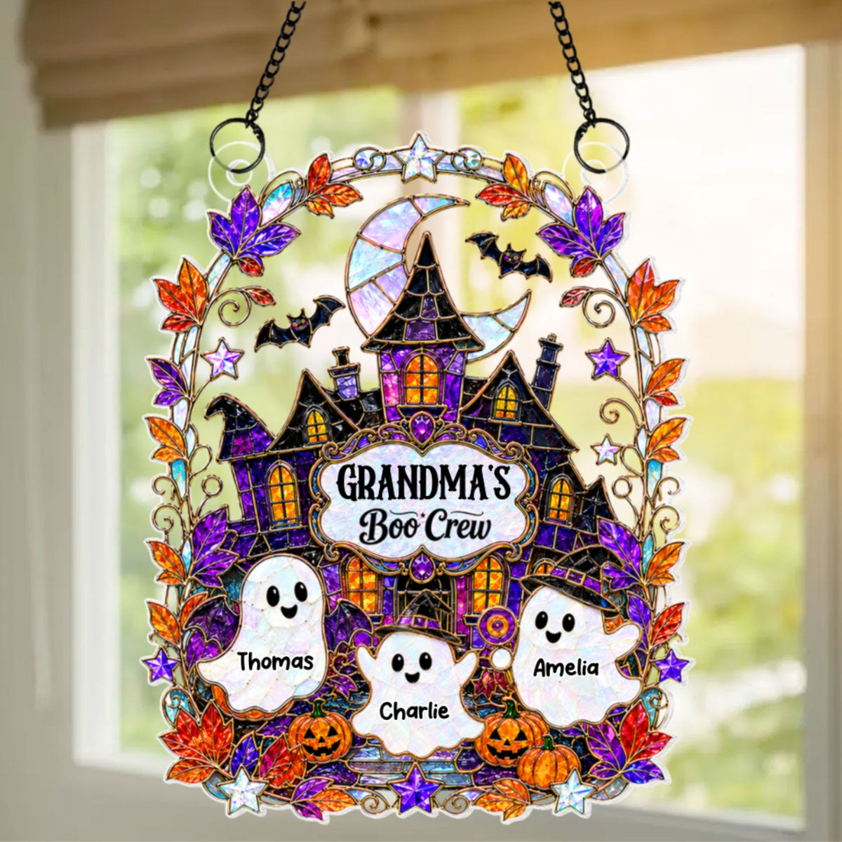 Whimsical Grandma's Boo Crew Haunted House - Personalized Acrylic Suncatcher - Halloween Decoration For Grandma
