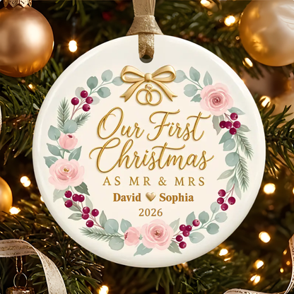 Personalized First Christmas Married Ceramic Ornament - Custom Couple Names & Year Christmas Tree Keepsake Gift