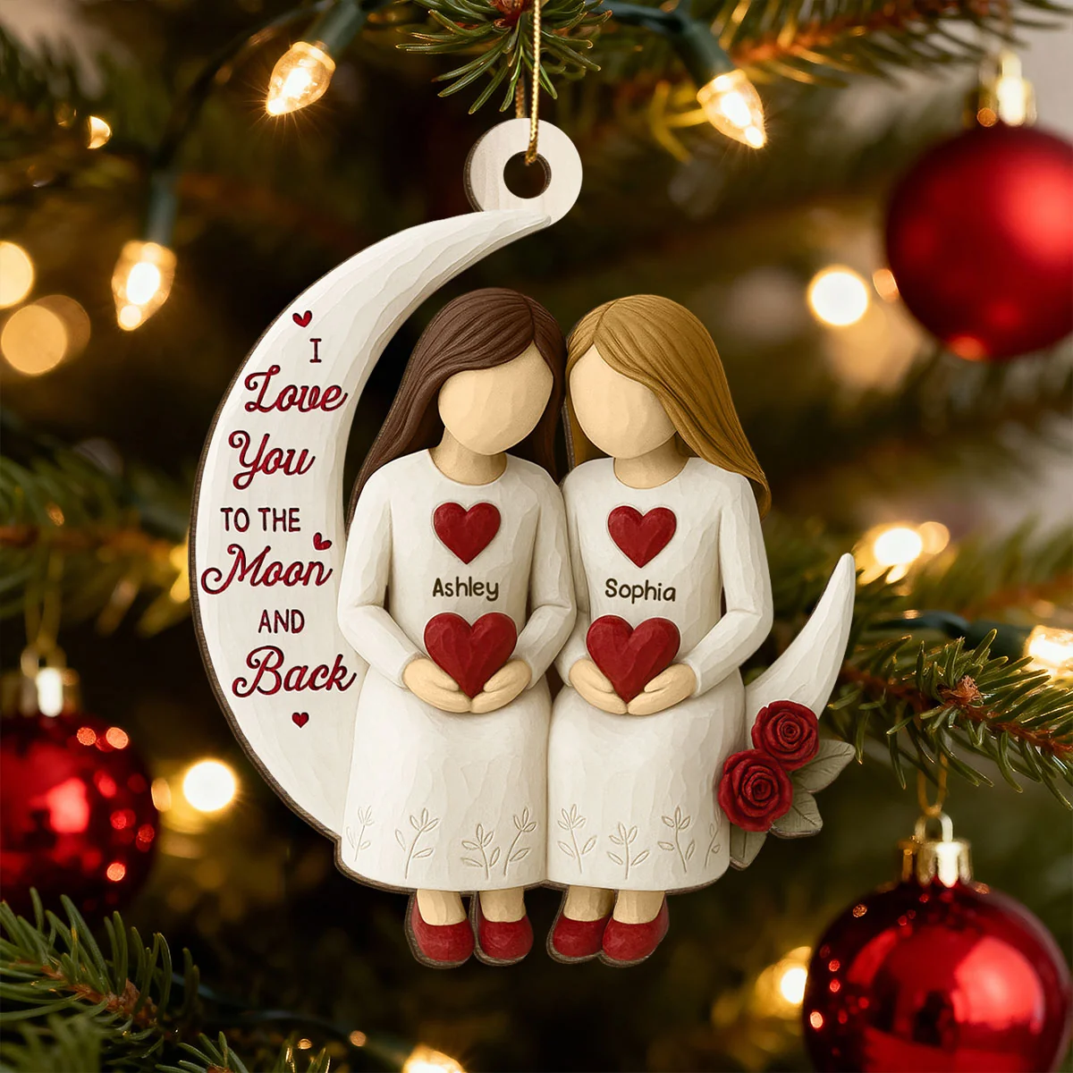 Roses Besties On Moon - Personalized Wood Ornament - Christmas Gift For Her, Besties, Friends, Sisters