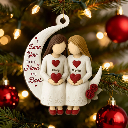 Roses Besties On Moon - Personalized Wood Ornament - Christmas Gift For Her, Besties, Friends, Sisters