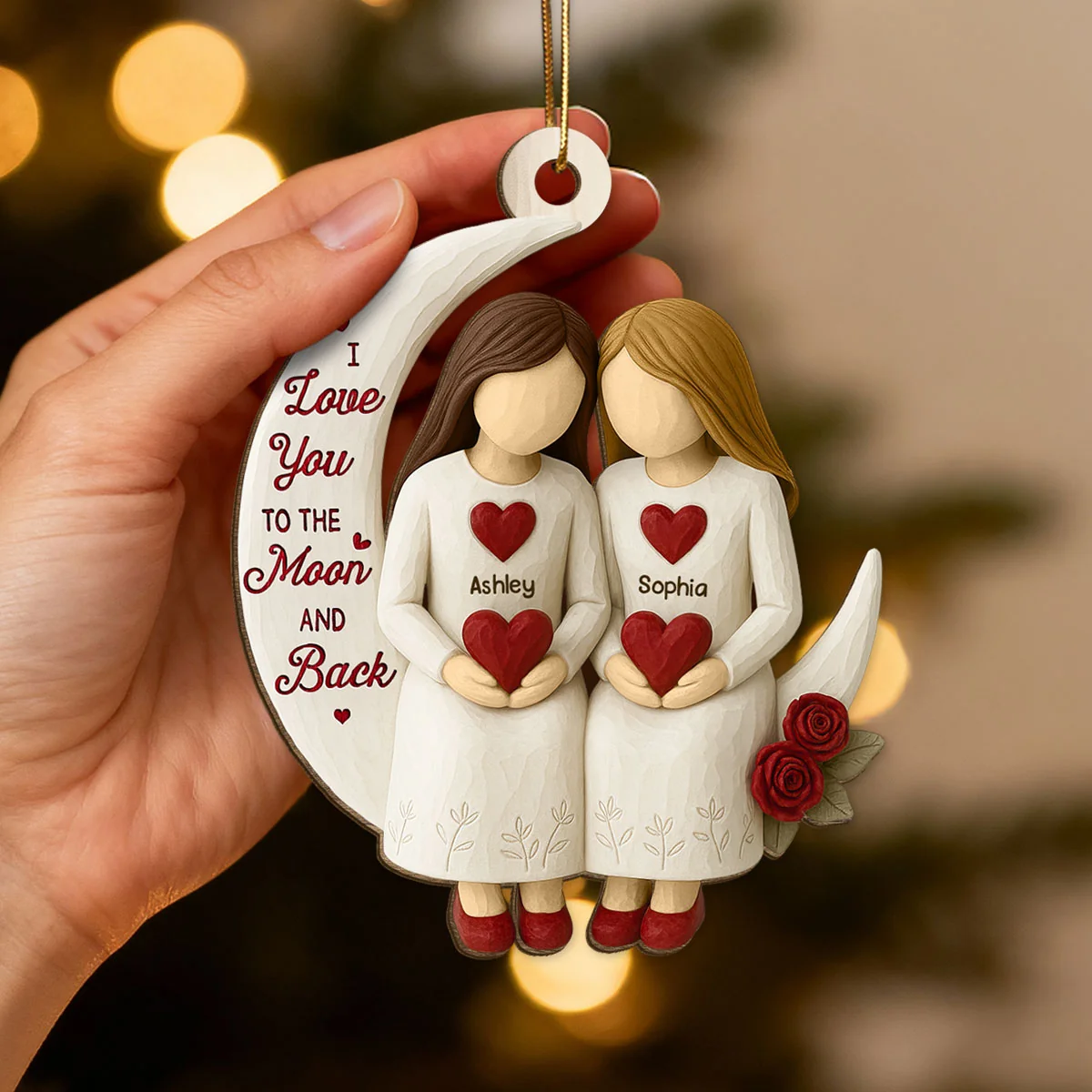 Roses Besties On Moon - Personalized Wood Ornament - Christmas Gift For Her, Besties, Friends, Sisters
