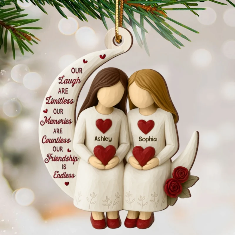 Roses Besties On Moon - Personalized Wood Ornament - Christmas Gift For Her, Besties, Friends, Sisters