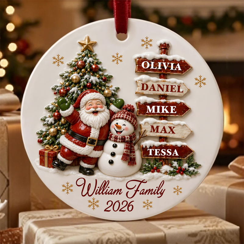 Santa Clause Snow Woman Family Round Ceramic Ornament