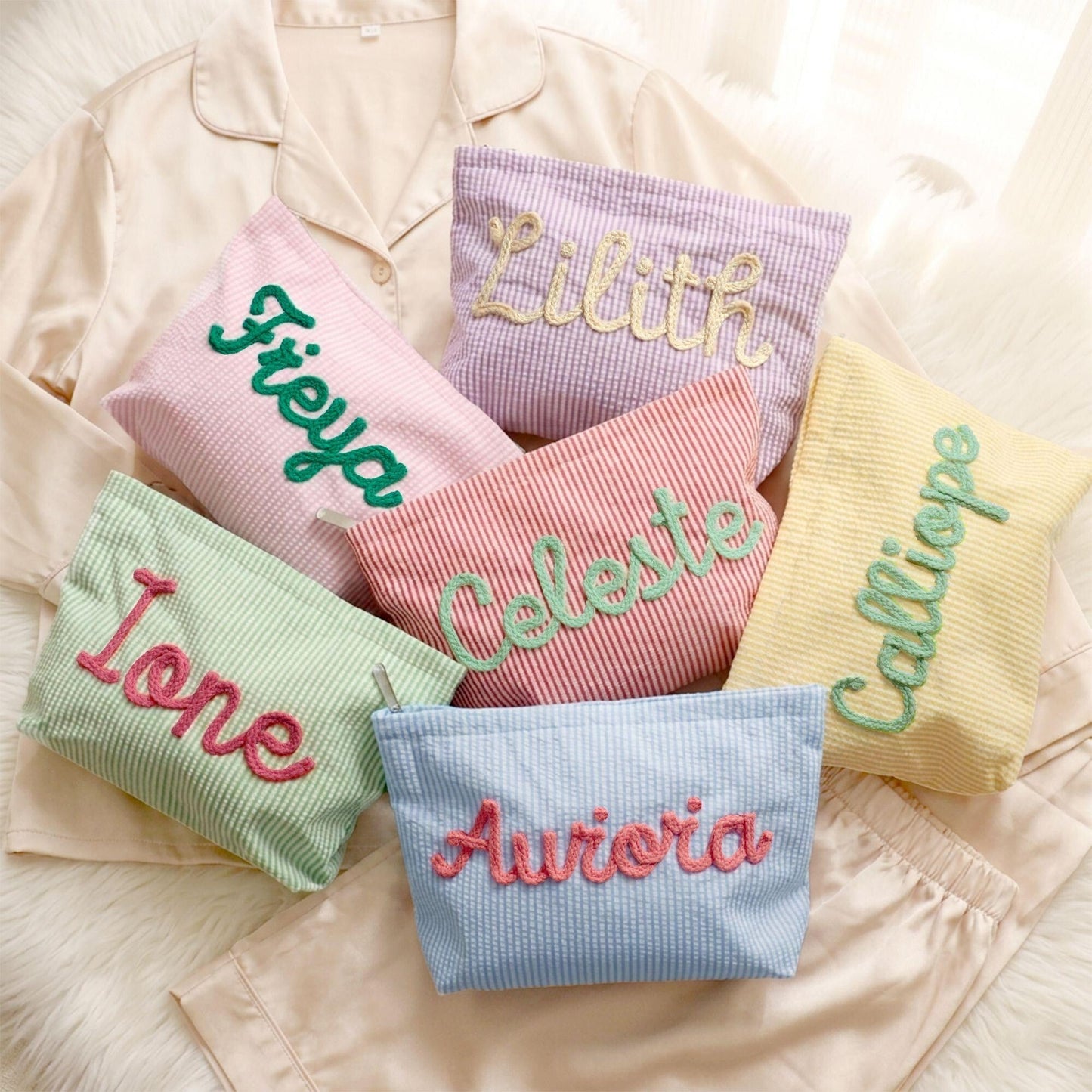 Personalized Name Seersucker Makeup Bag - Gift For Mom, Girlfriend, Women, Summer Gift
