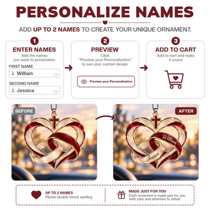 Personalized Names Cross Heart Ornament – Christian Couple Gift