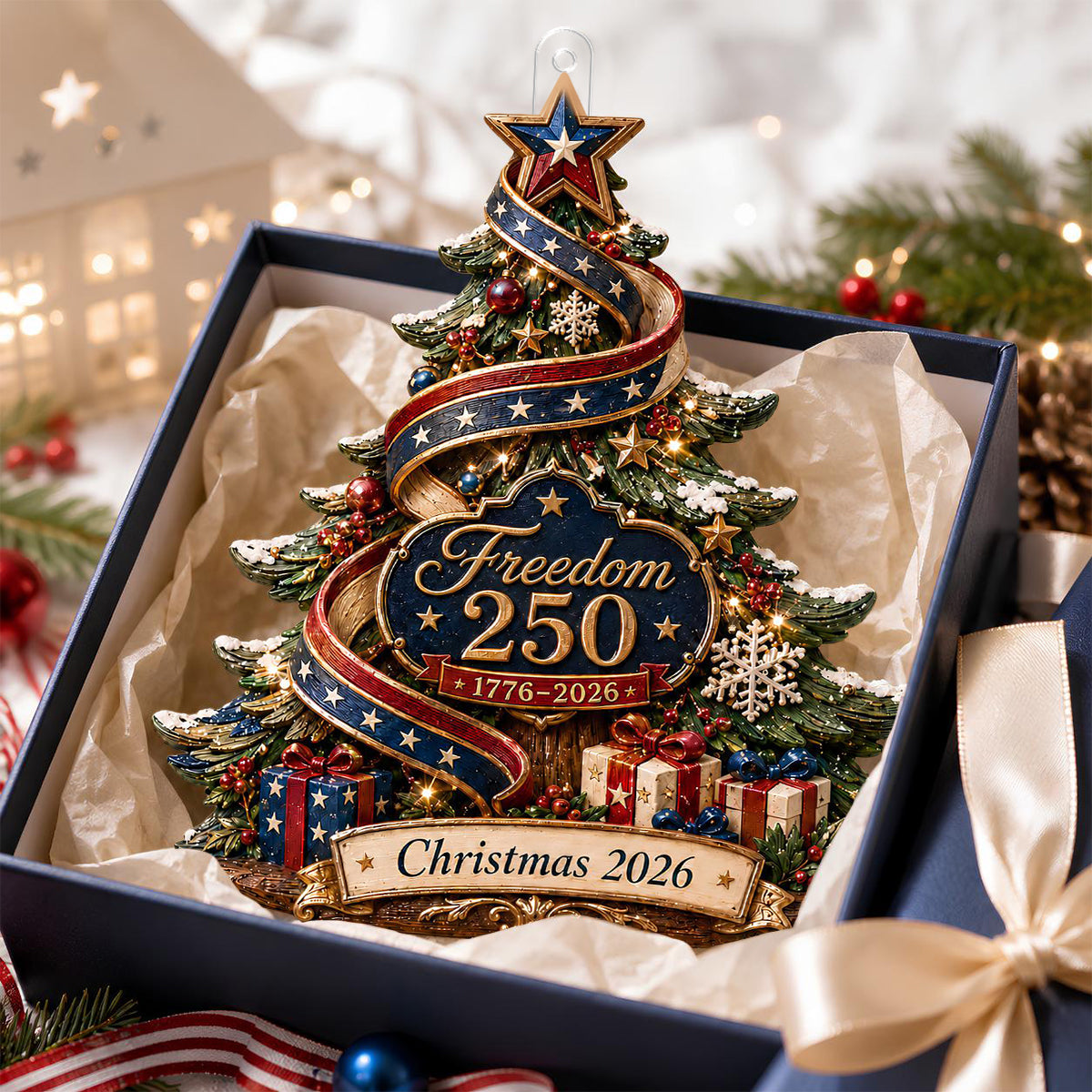 Freedom 250 Patriotic Christmas Tree Ornament,  Personalized USA Independence Gift