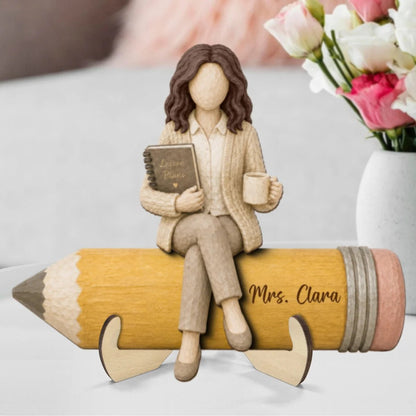 Teacher Sitting On Pencil 2D Flat - Personalized Wooden Plaque - Back To School Gift