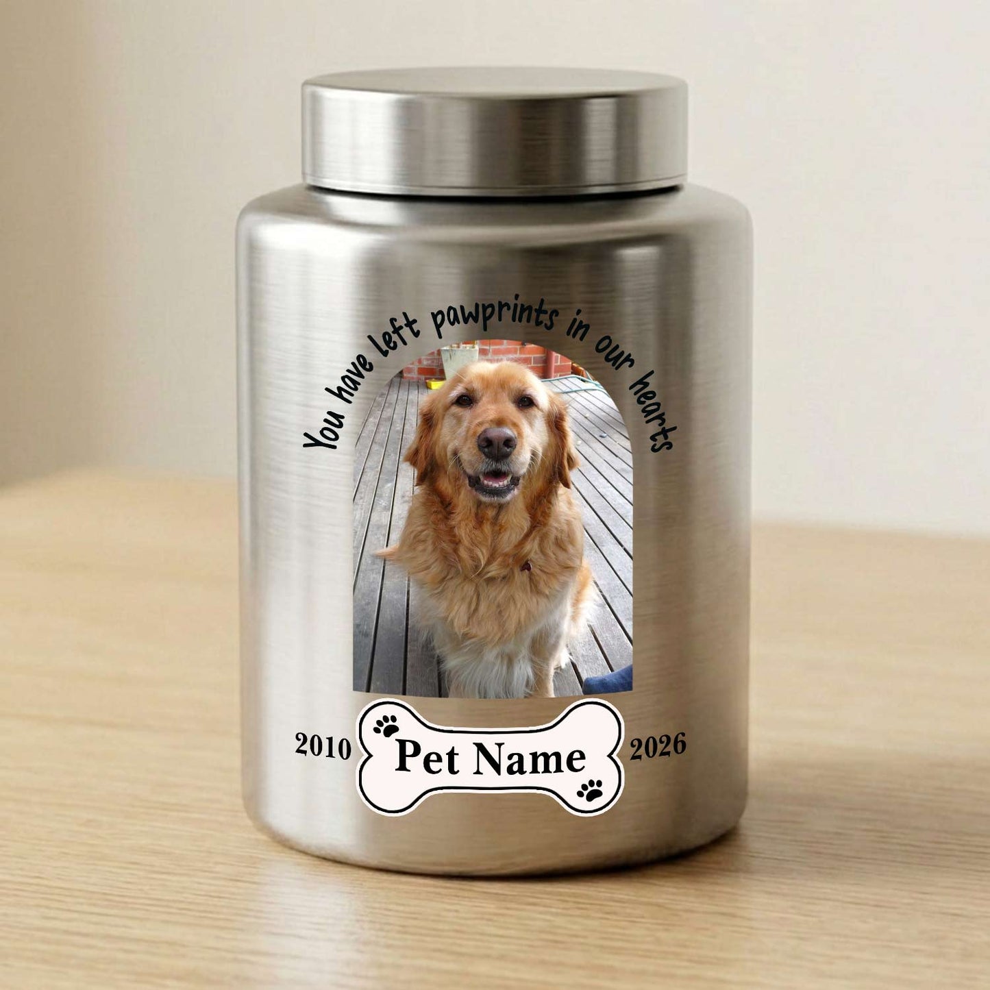 Custom Dog Urn for Ashes with Arch Photo-Personalized Pet Cremation Urn,Stainless Steel Large Pet Ashes Jar