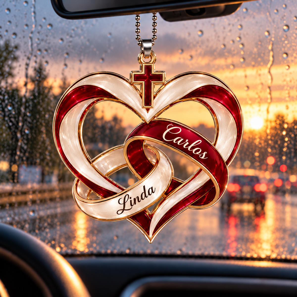 Personalized Names Cross Heart Ornament – Christian Couple Gift